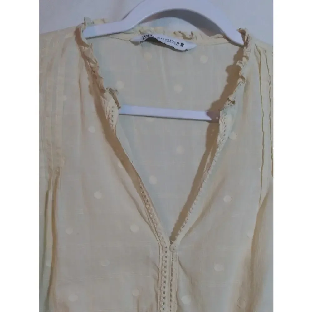 Zara Tan Dot-Pattern V-Neck Button Balloon Embroidered Sleeve Blouse Size Small
